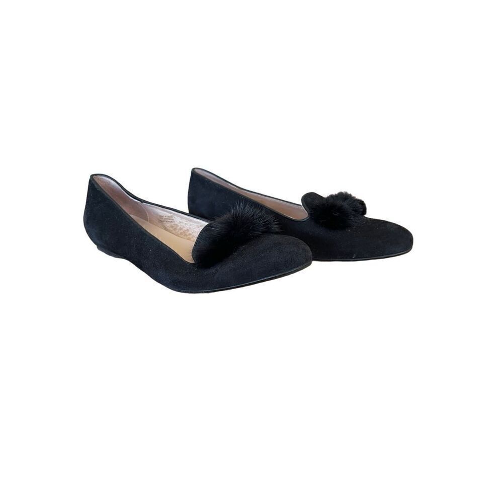 Patricia Green Womens Black Suede Fur Pom Pom Almond Toe Ballet Size 8
